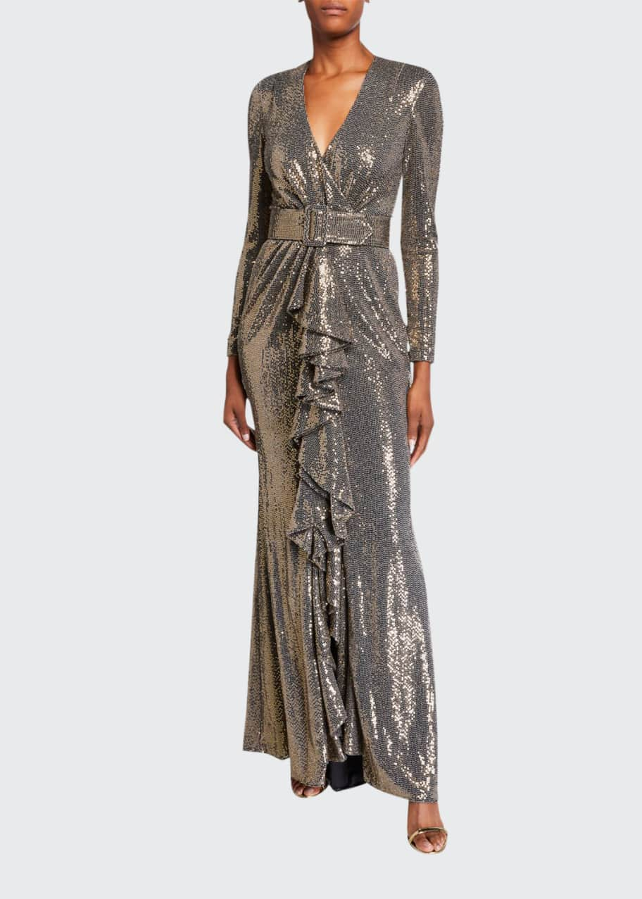 Badgley Mischka Collection Sequin LongSleeve Belted Gown with