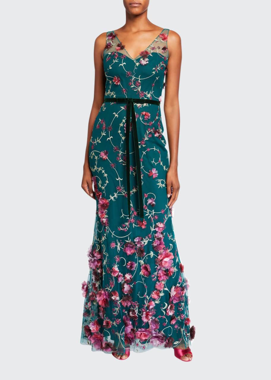 Marchesa Notte V-Neck Sleeveless Embroidered Gown w/ 3D Flowers ...