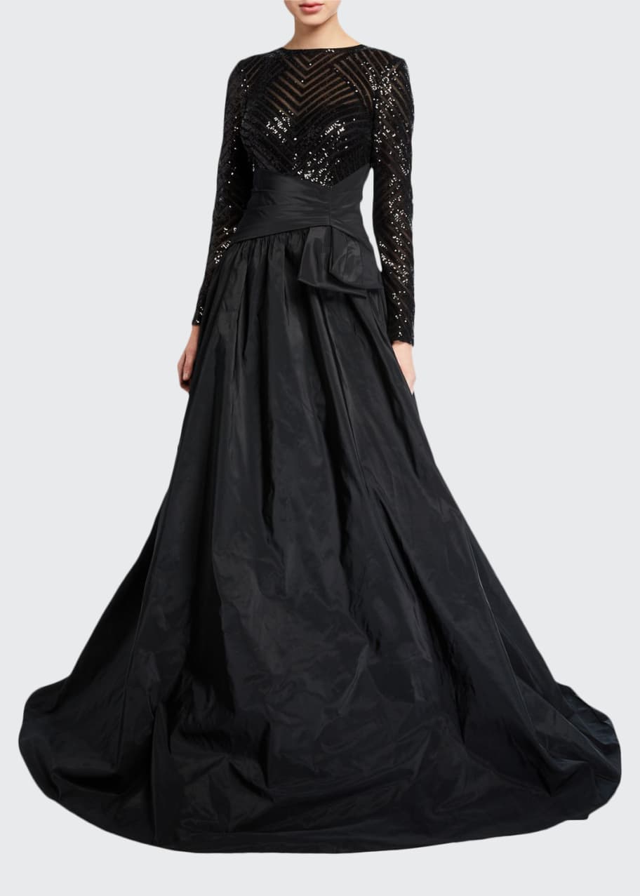 Rickie Freeman for Teri Jon Beaded Lace-Bodice Long-Sleeve Taffeta Gown ...