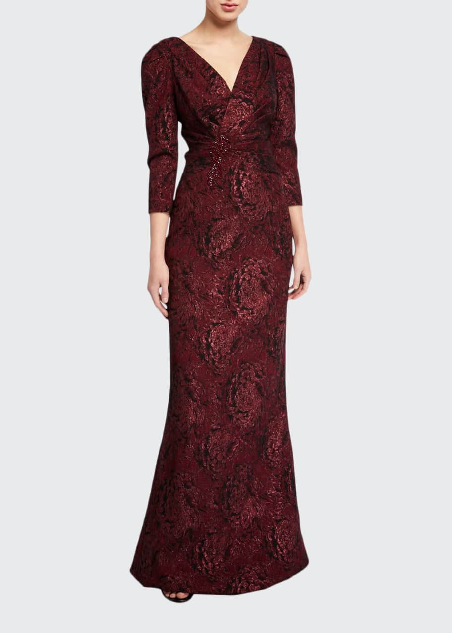 Image 1 of 1: Draped V-Neck 3/4-Sleeve Stretch Jacquard Gown