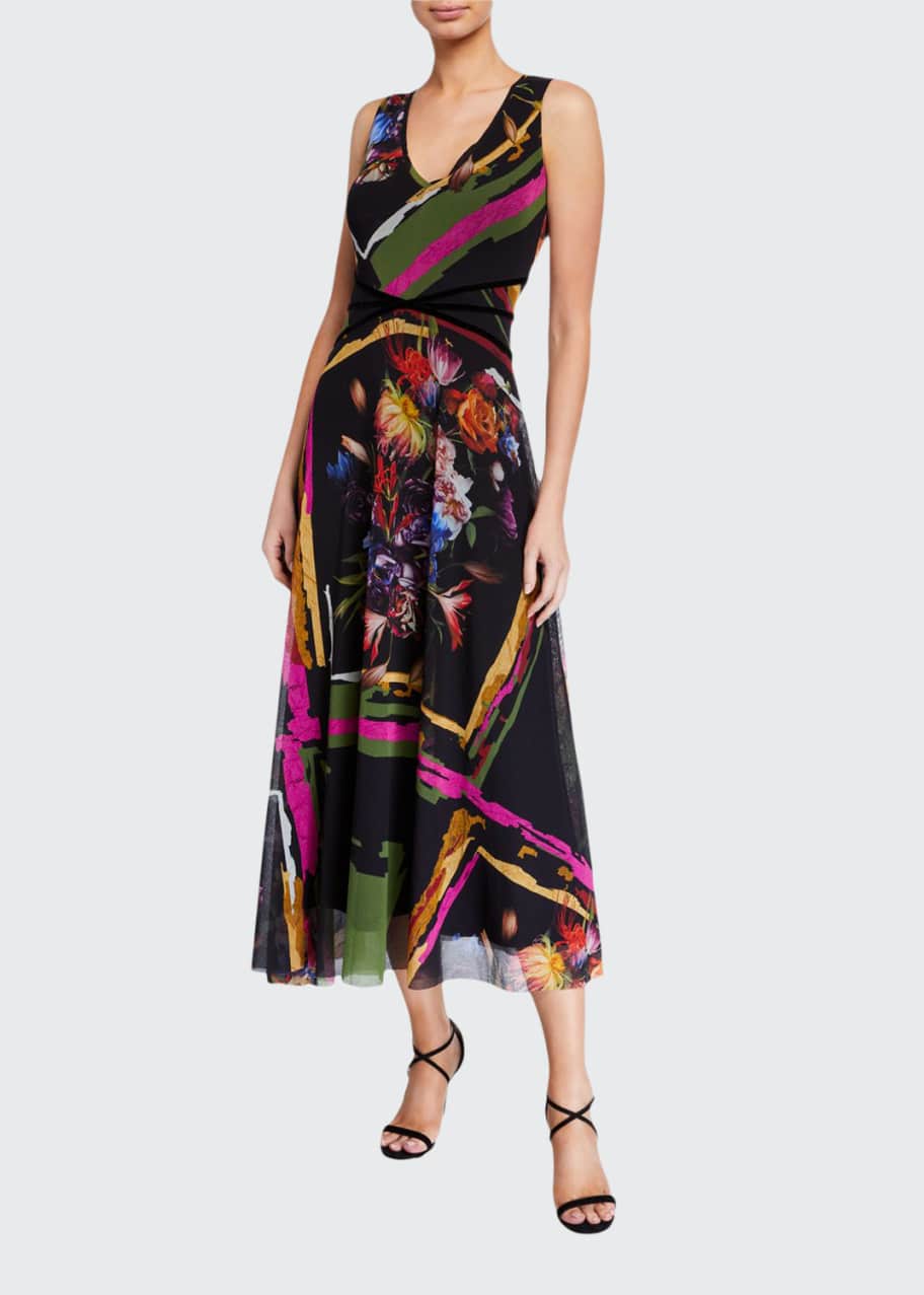 Image 1 of 1: Mixed Print V-Neck Sleeveless Midi Dress