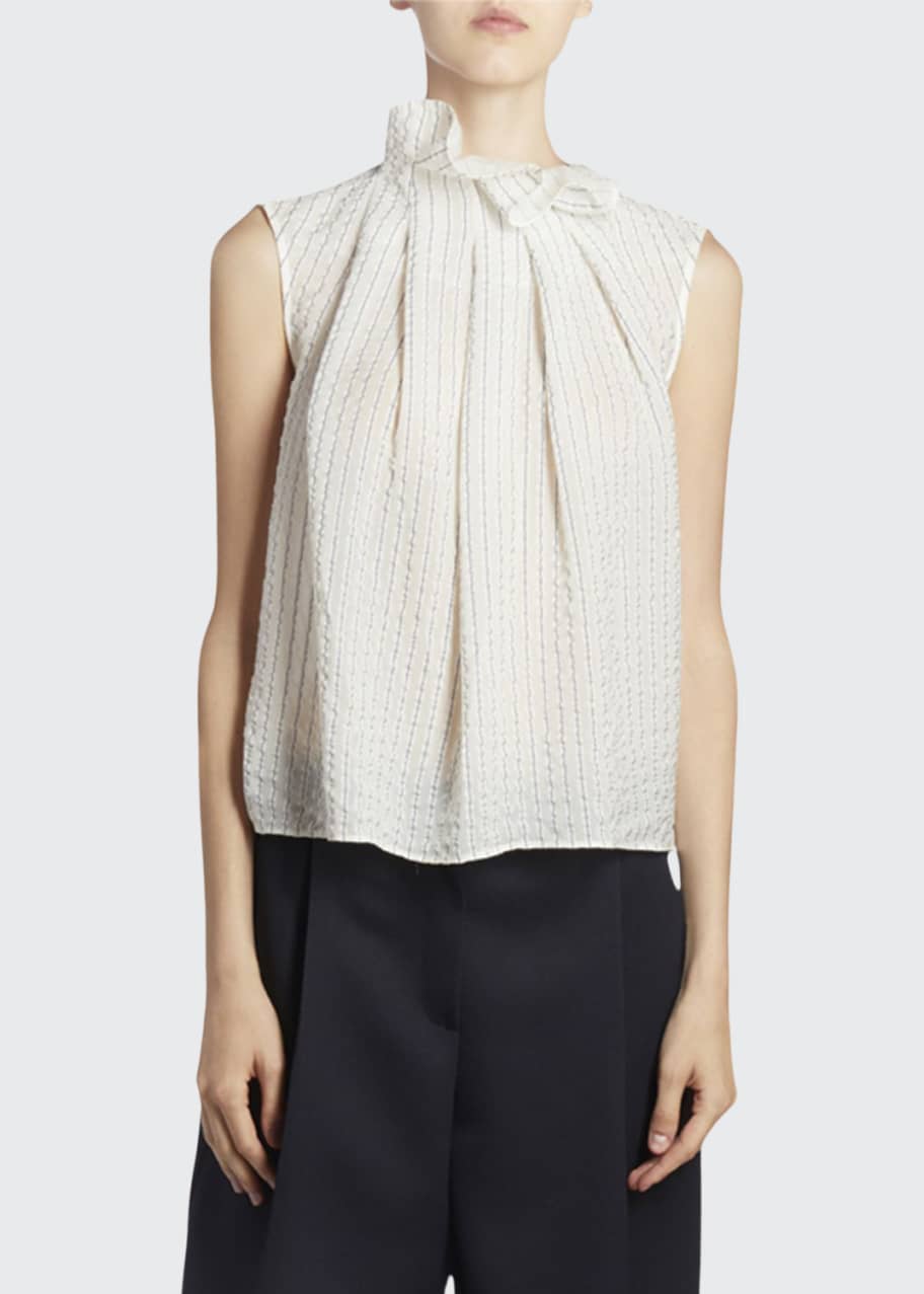 Image 1 of 1: Ruffled High-Neck Pleated Front Top