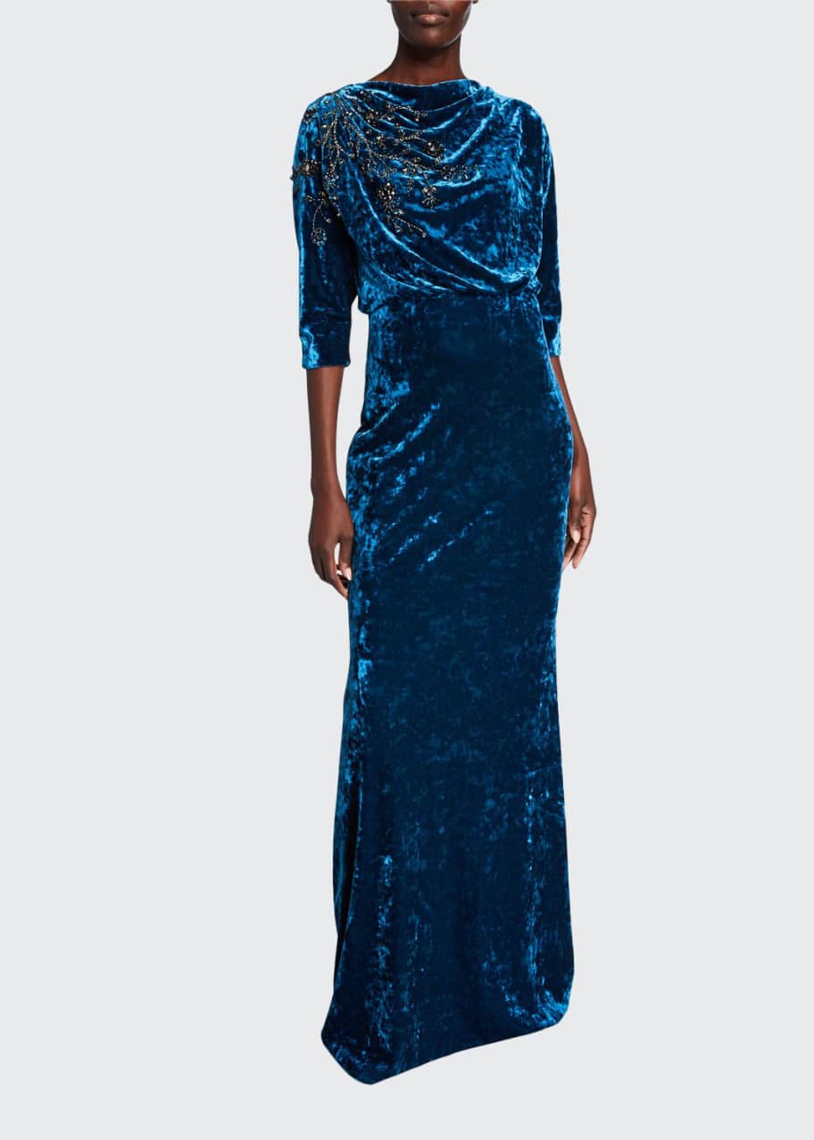 beaded column gown with mock neckline