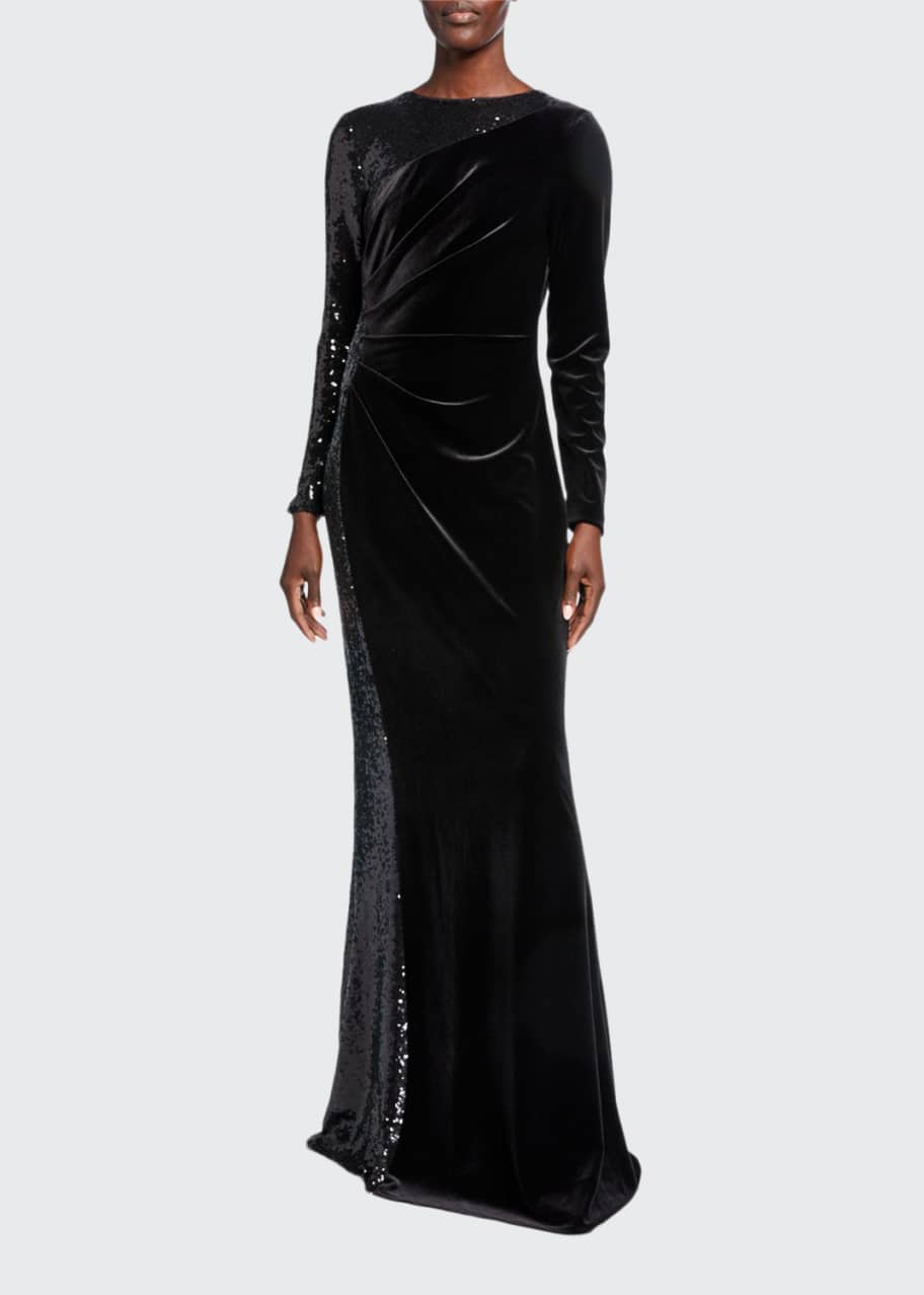 Rickie Freeman for Teri Jon Jewel-Neck Long-Sleeve Velvet Gown w ...