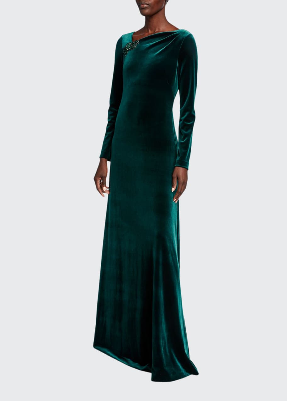 Rickie Freeman for Teri Jon Asymmetric Neck Long-Sleeve Velvet Gown ...