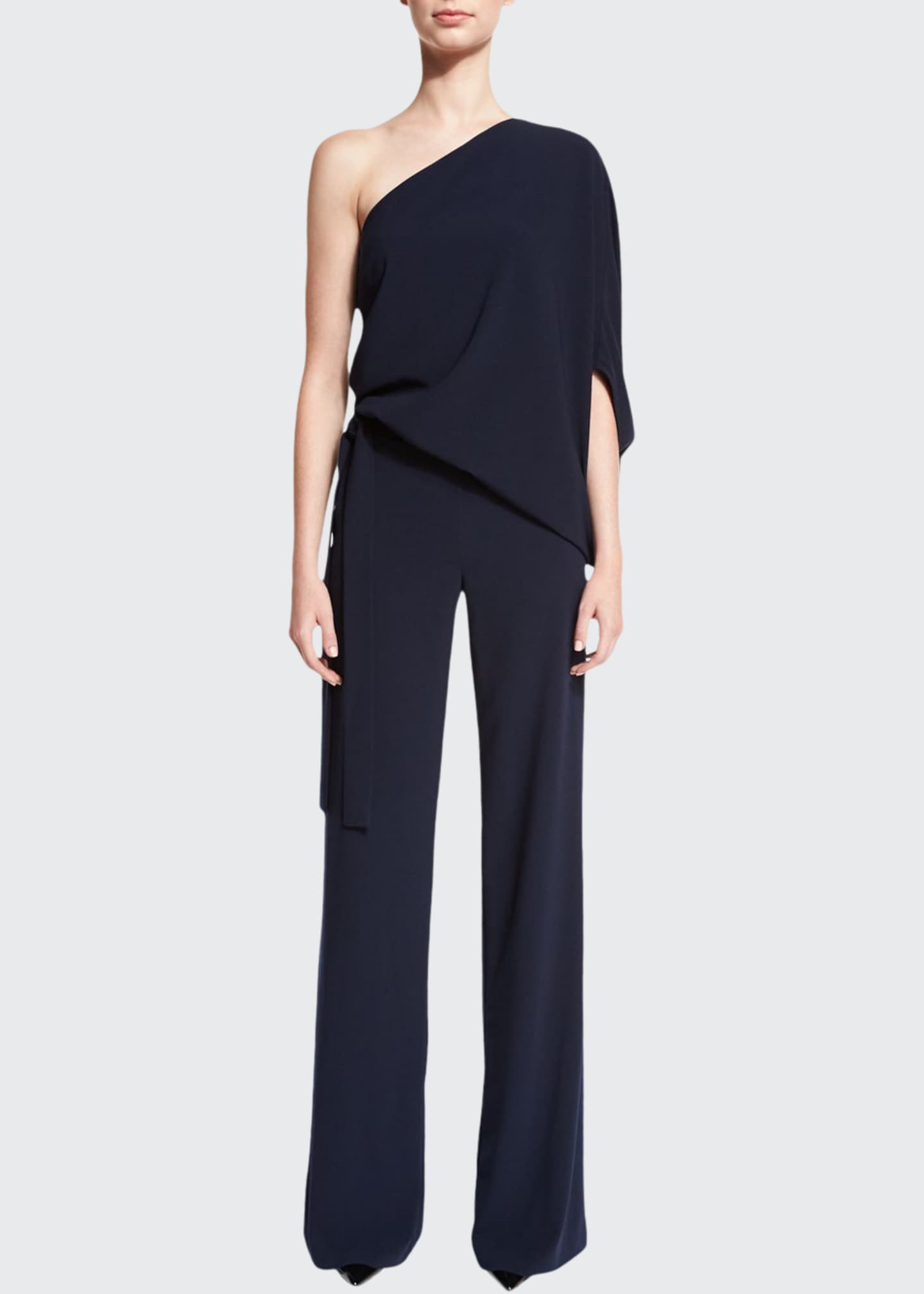 Halston One-Shoulder Draped Stretch Crepe Jumpsuit, Navy - Bergdorf Goodman
