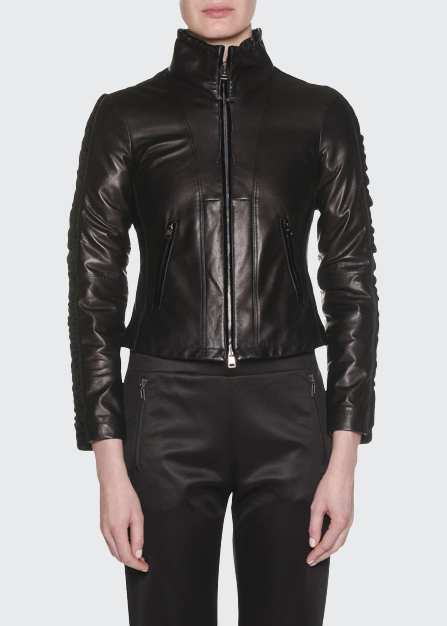 Giorgio Armani Zip-Front Lamb Leather Jacket w/ Velvet Side Stripe ...