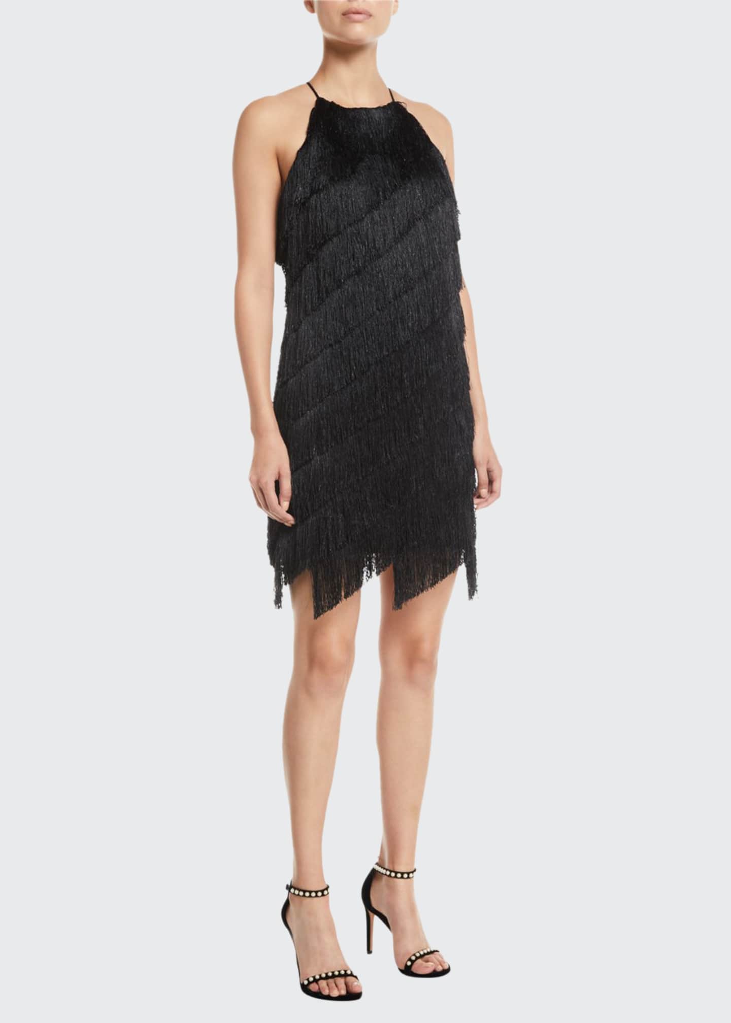 Halston Heritage Sleeveless High Neck Fringe Slip Cocktail Dress