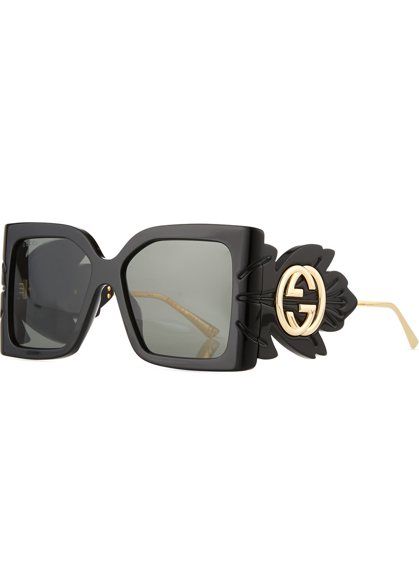 Gucci Square Acetate Sunglasses W Oversized Leaf And Gg Temples Bergdorf Goodman