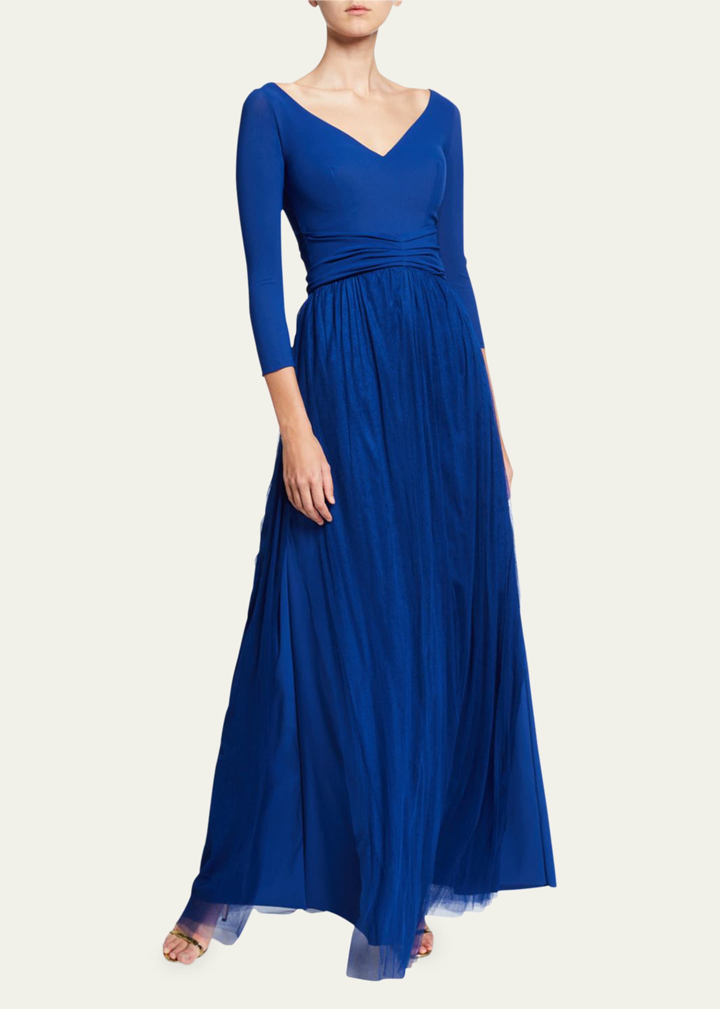 V Neck 3 4 Sleeve A Line Gown with Sheer Skirt Overlay