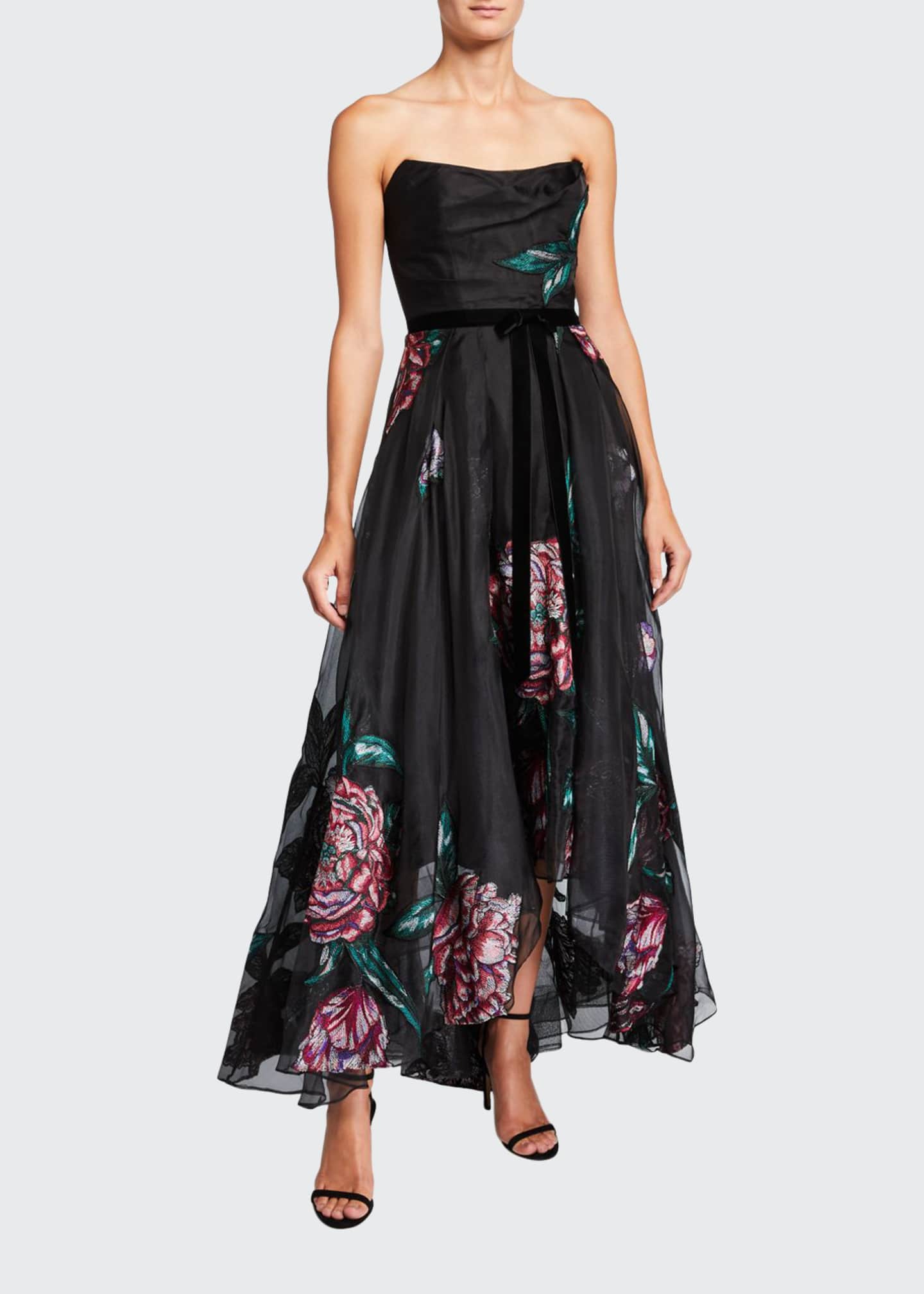 Marchesa Notte Strapless Floral Fil Coupe High Low Gown
