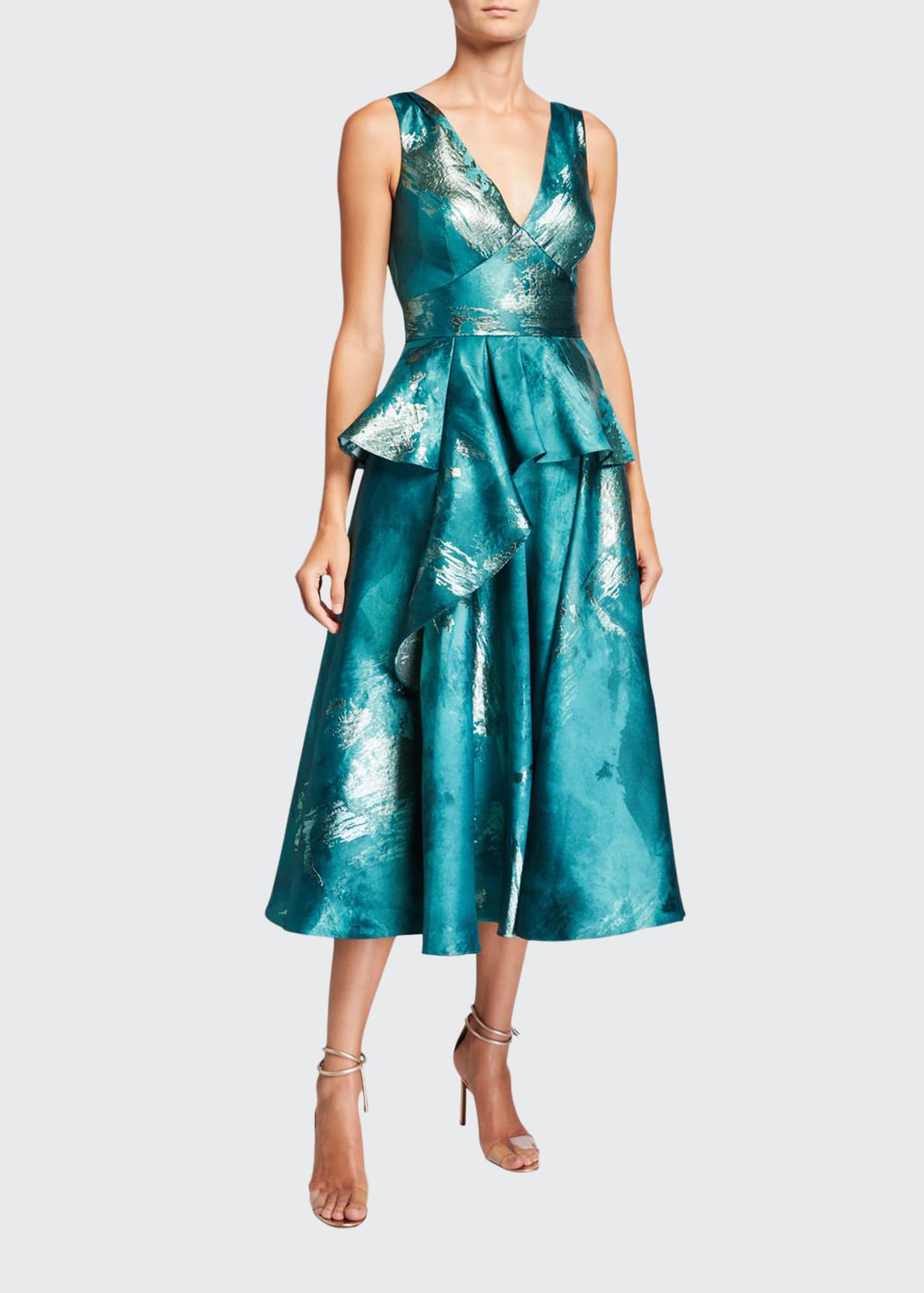 Marchesa Notte Metallic Jacquard V-Neck Sleeveless Midi Dress w/ Ruffle