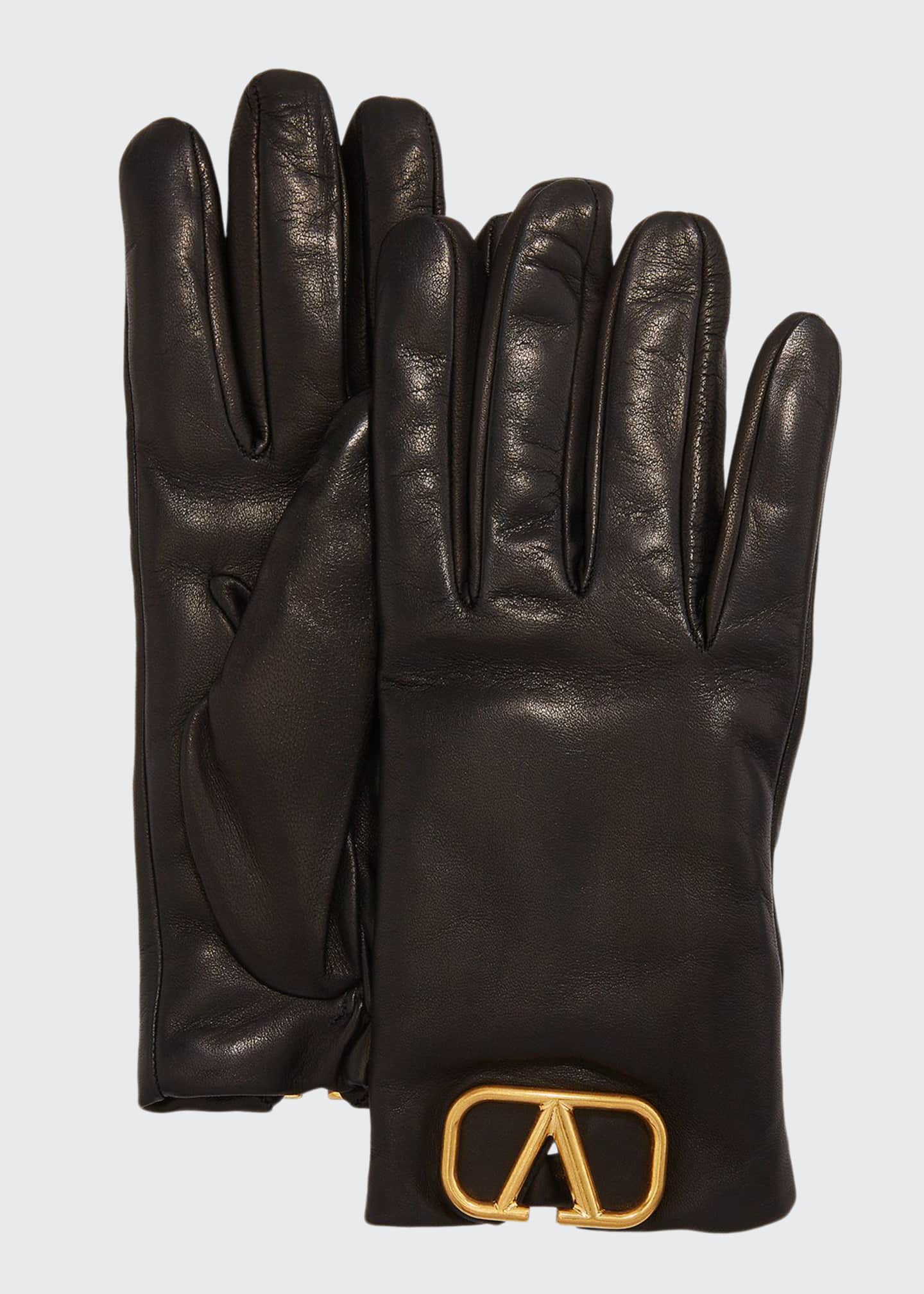 Valentino Garavani VLOGO Leather Gloves w/ Cashmere Lining - Bergdorf