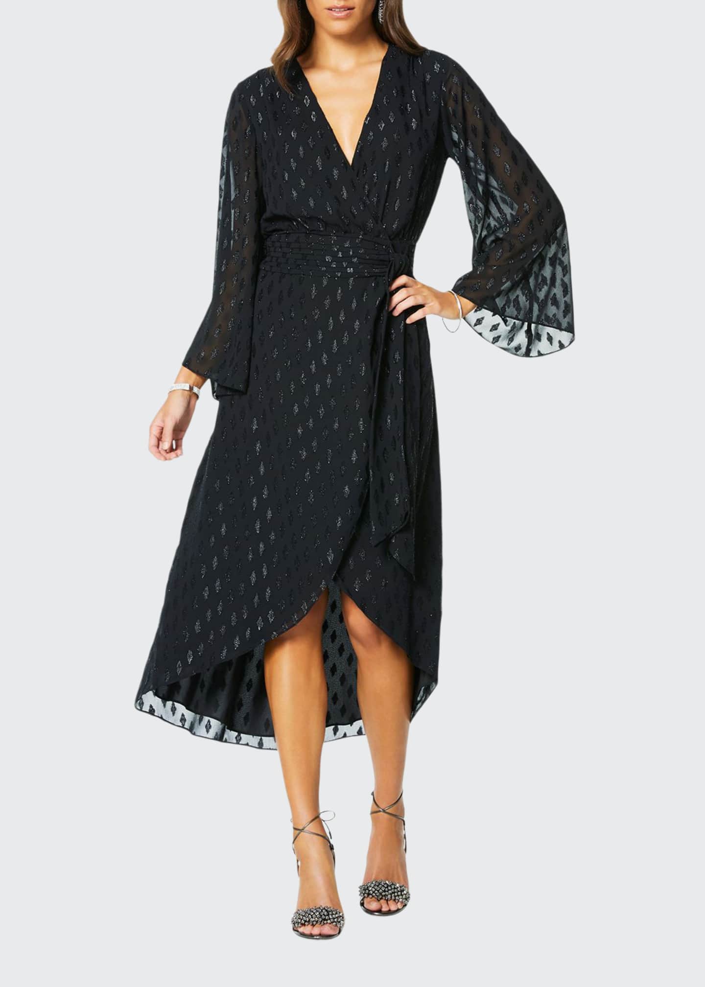 long sleeve metallic wrap dress