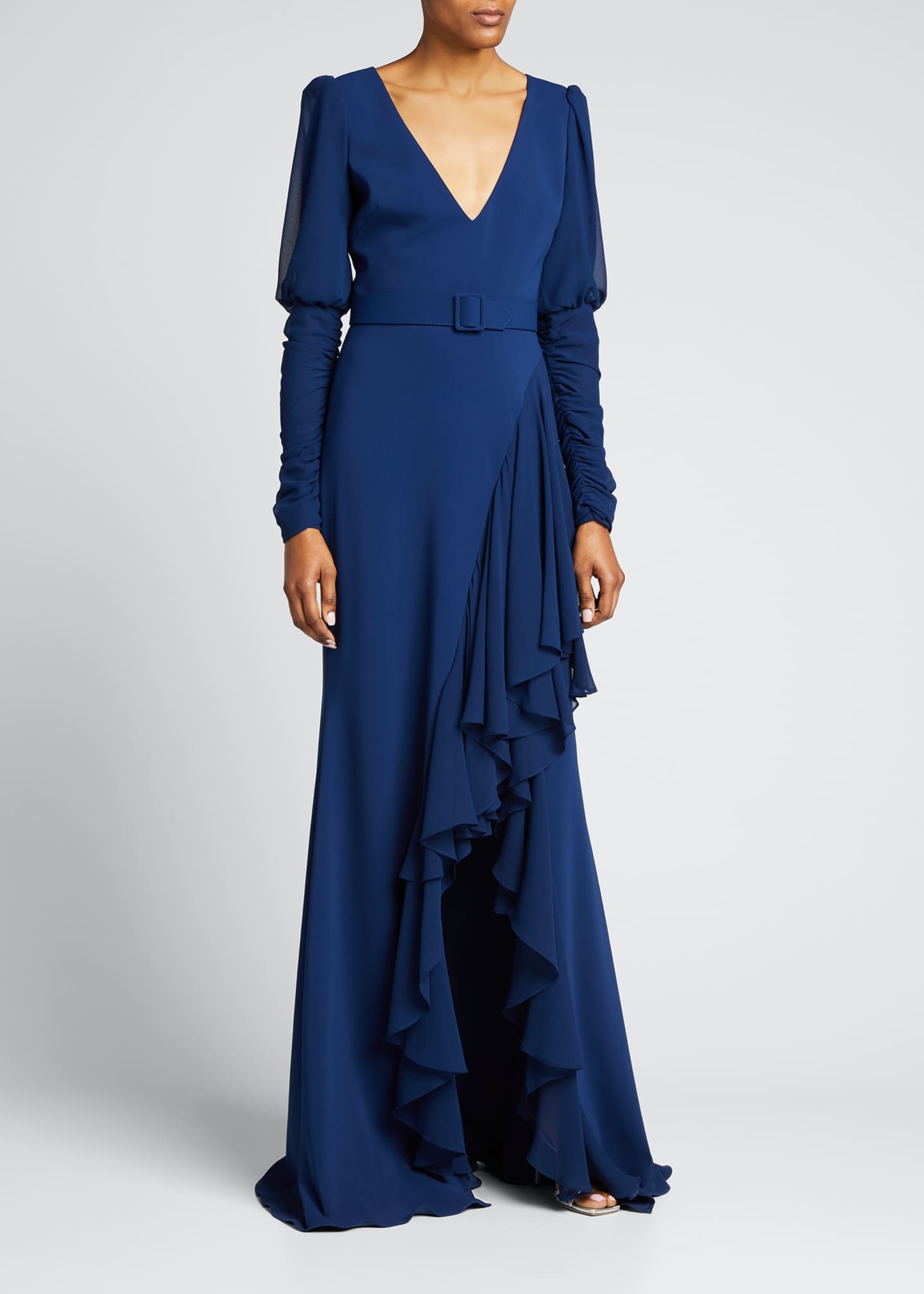 Badgley Mischka Collection V-Neck Crepe & Georgette Ruffle Gown ...