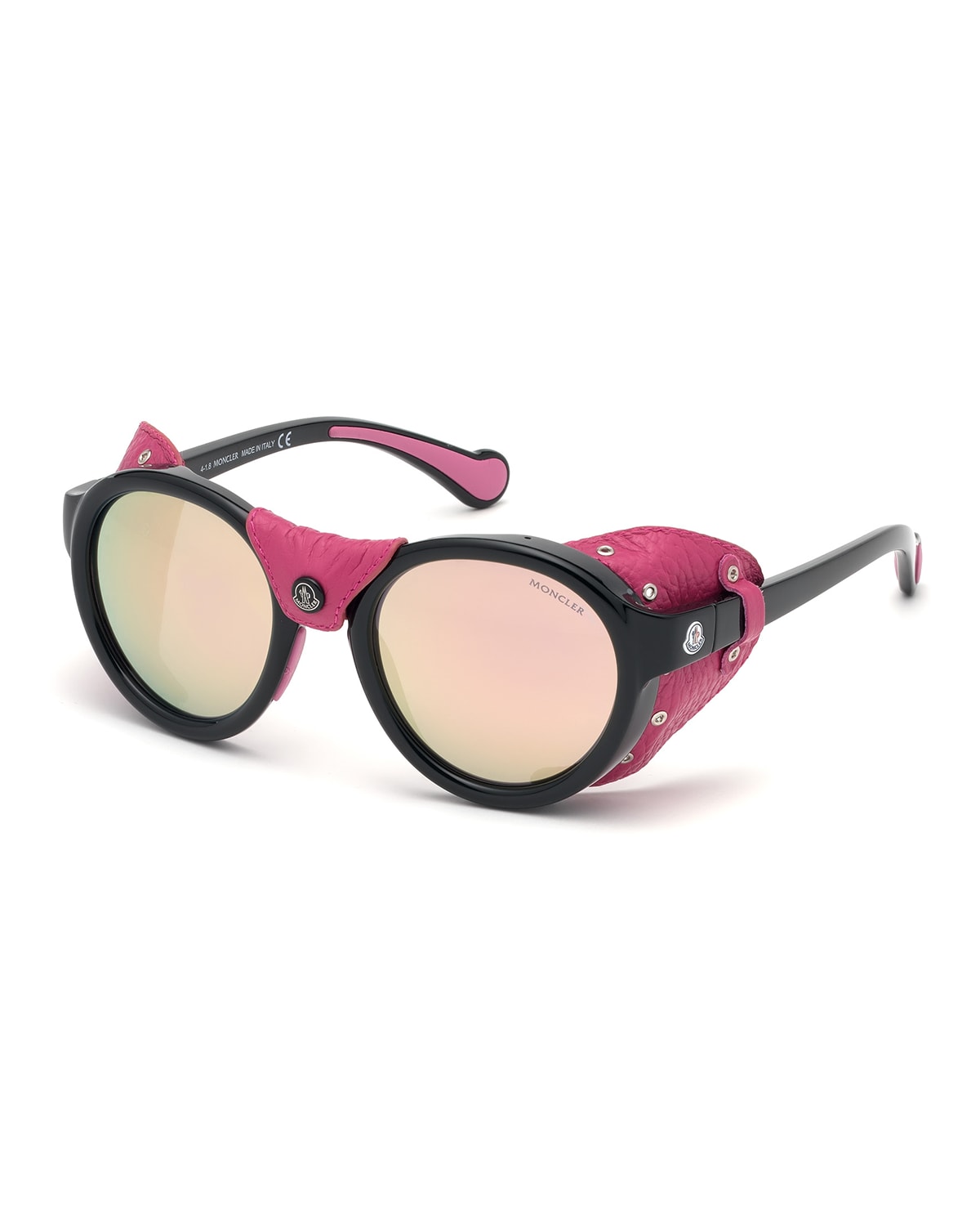 Round Mirrored Sunglasses w/ Metallic Leather Side Blinders