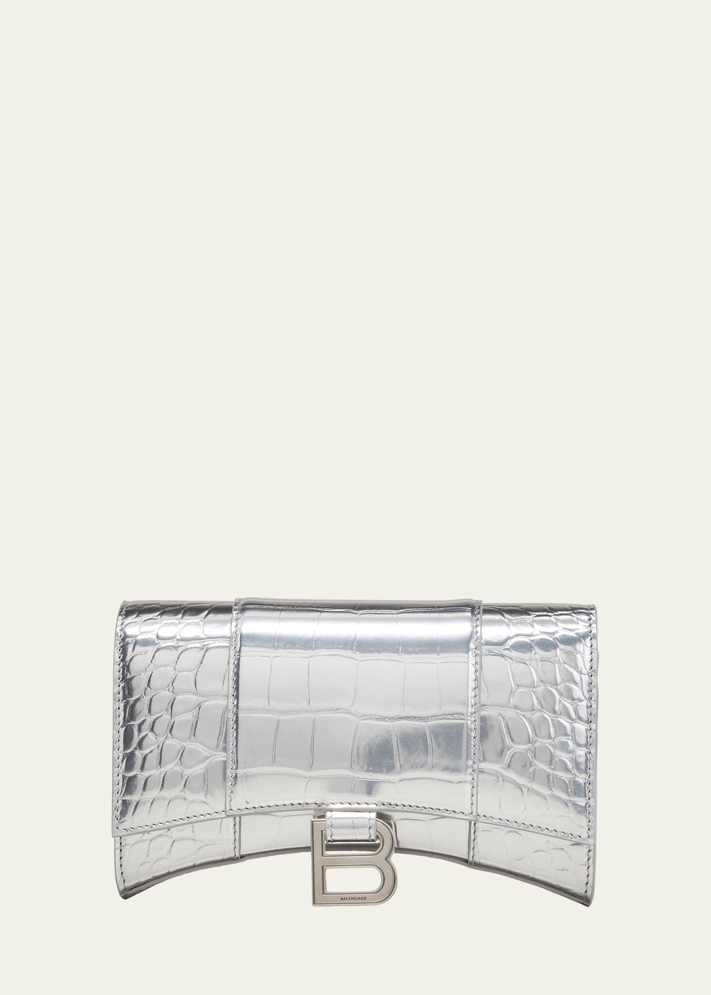 Balenciaga Hourglass Metallic Moc-croc Chain Wallet In Silver