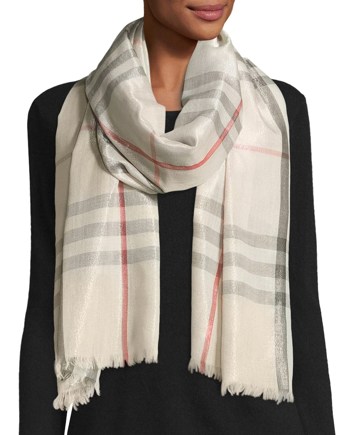 Burberry Metallic Gauze Giant Check Scarf Stone Silver