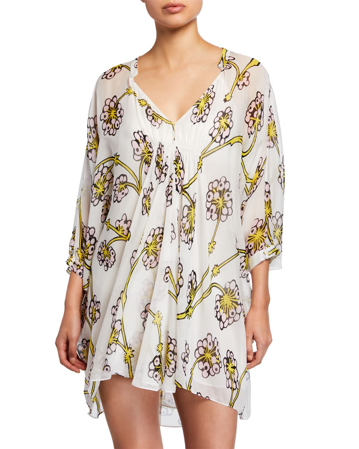 Fleurette Floral Silk Shirred Coverup Dress