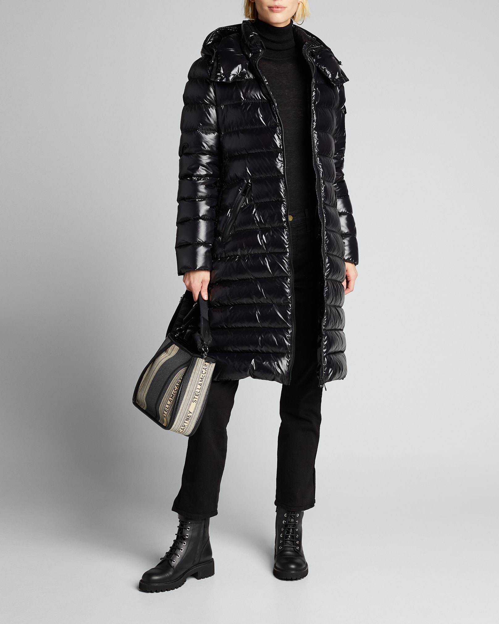shiny moncler coat with fur