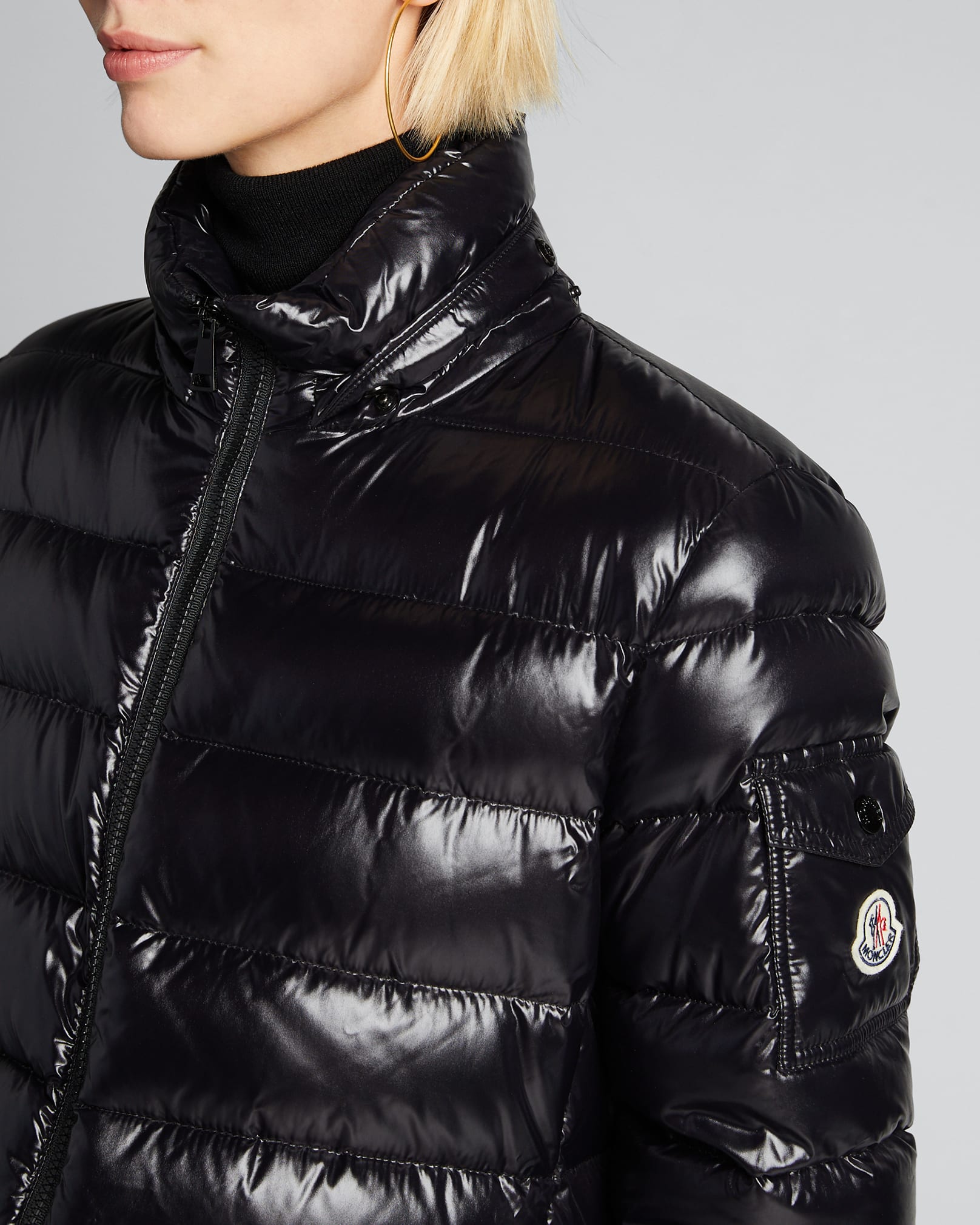 moncler moka shiny fitted puffer coat with hood