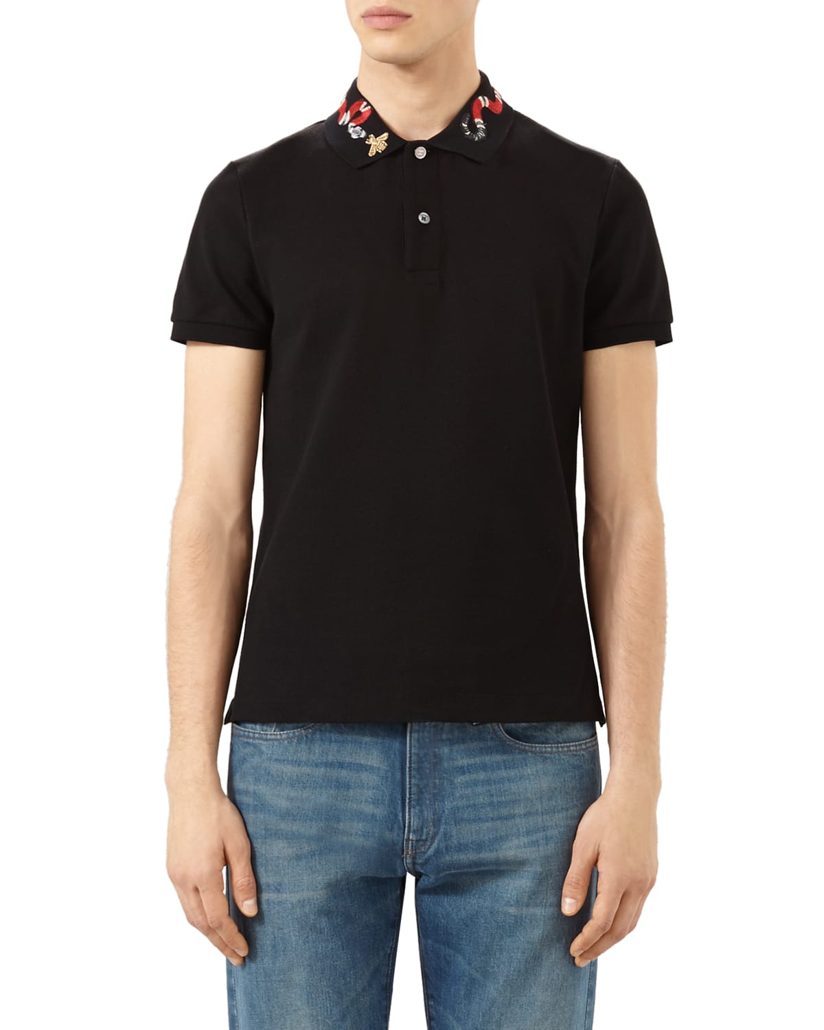 Gucci Snake & Bee Embroidered-Collar Polo Shirt