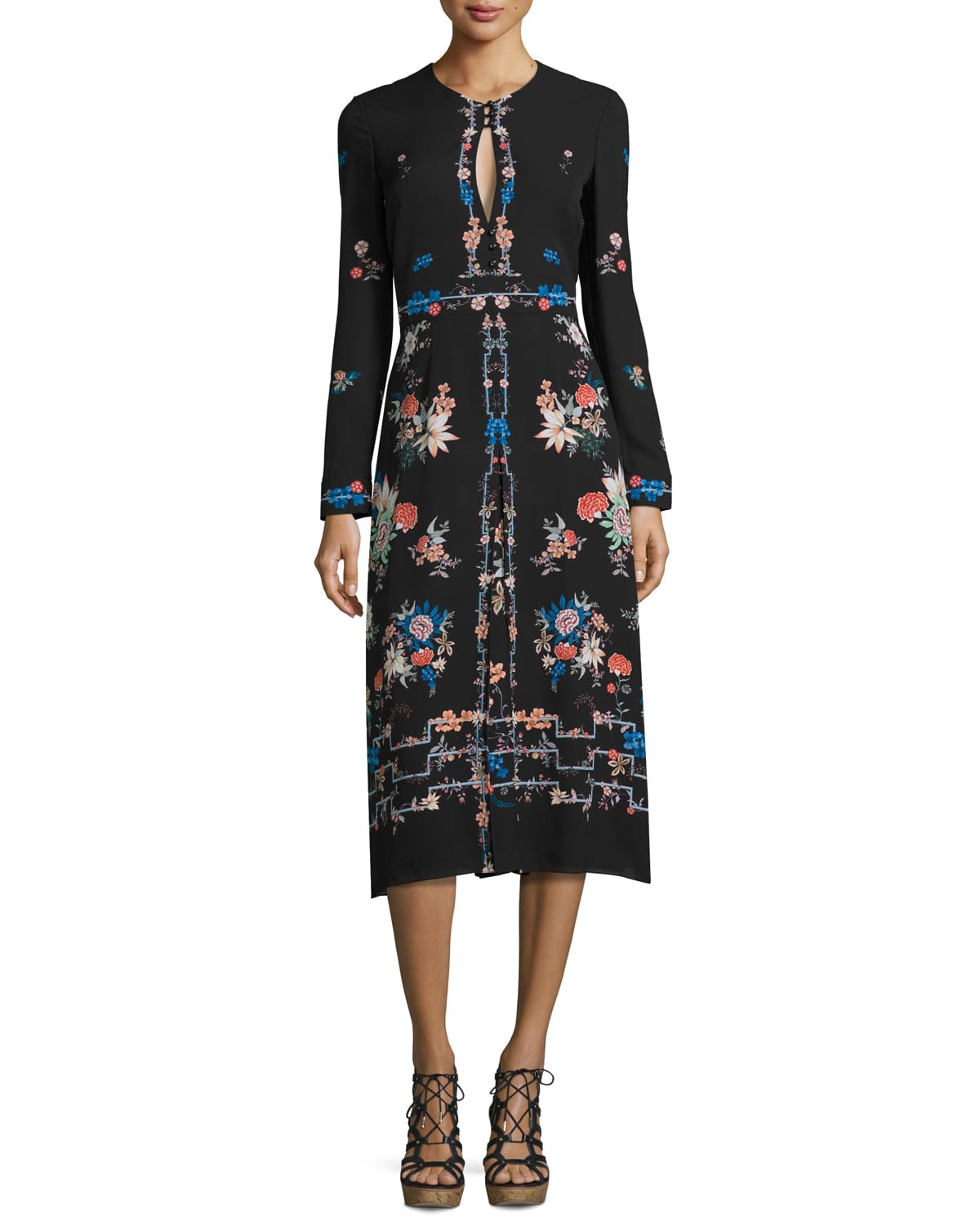 Vilshenko Jerry Long Sleeve Floral Silk Dress Black