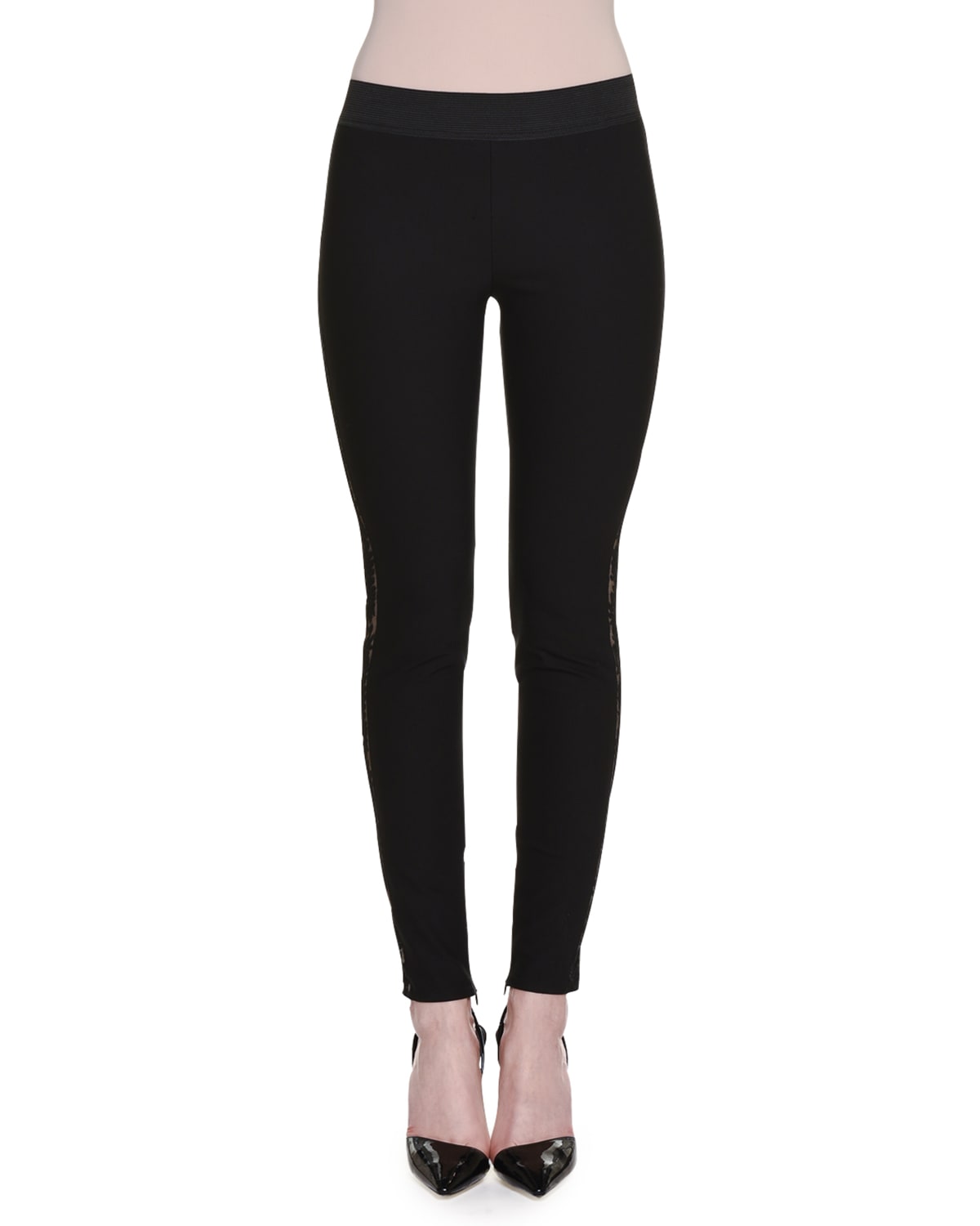 Stretch-Knit Leggings w/Side Lace Inset Black