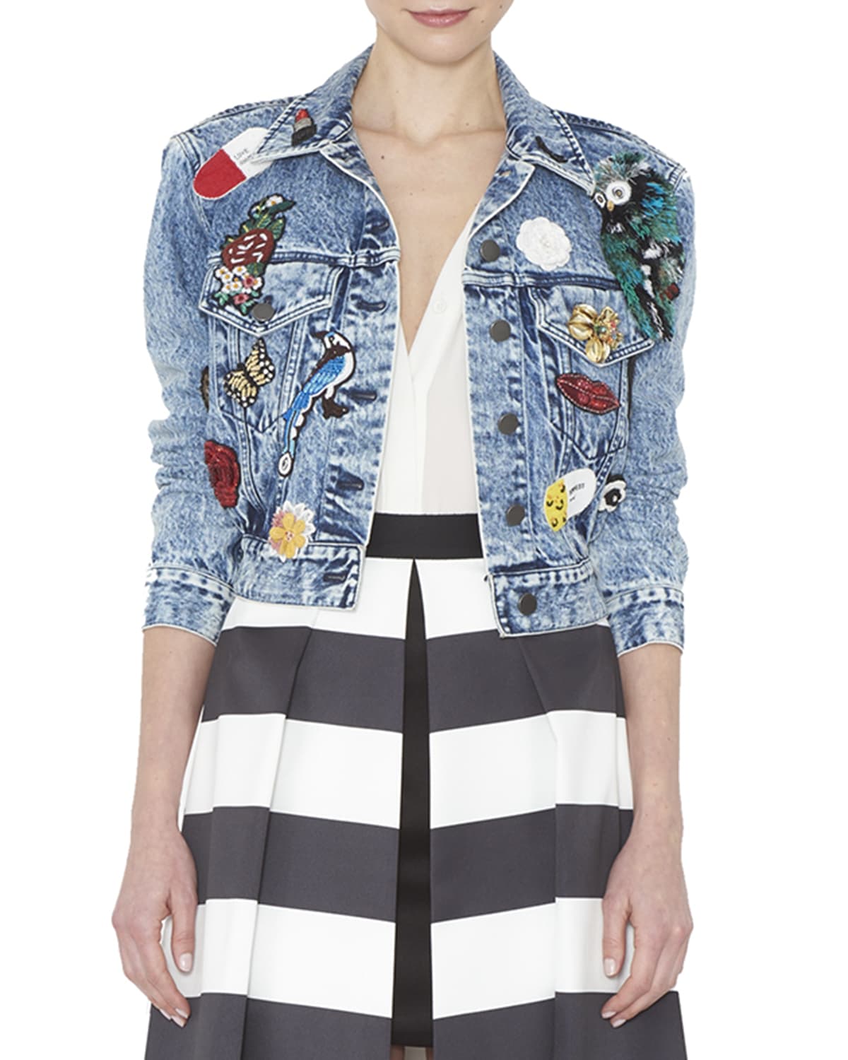 Alice + Olivia Chloe Cropped Denim Jacket w/ Patches, Blue