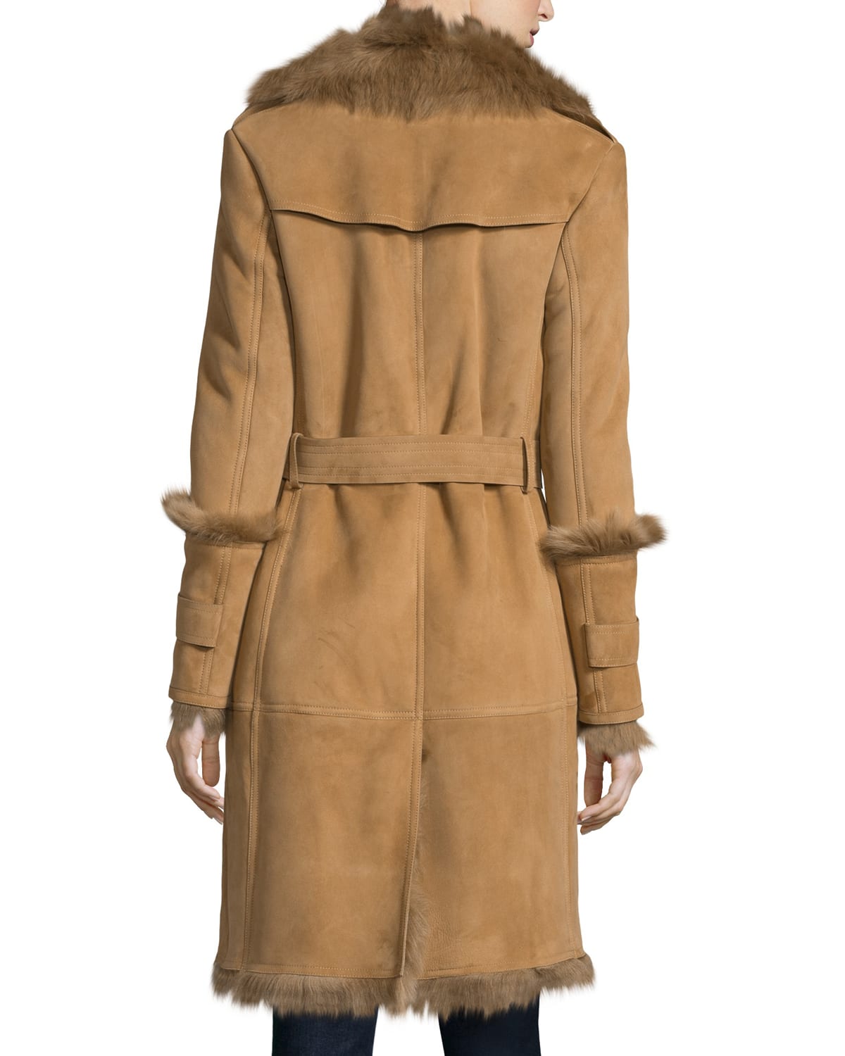 Burberry Prorsum Northcote Belted Shearling Fur Coat Camel