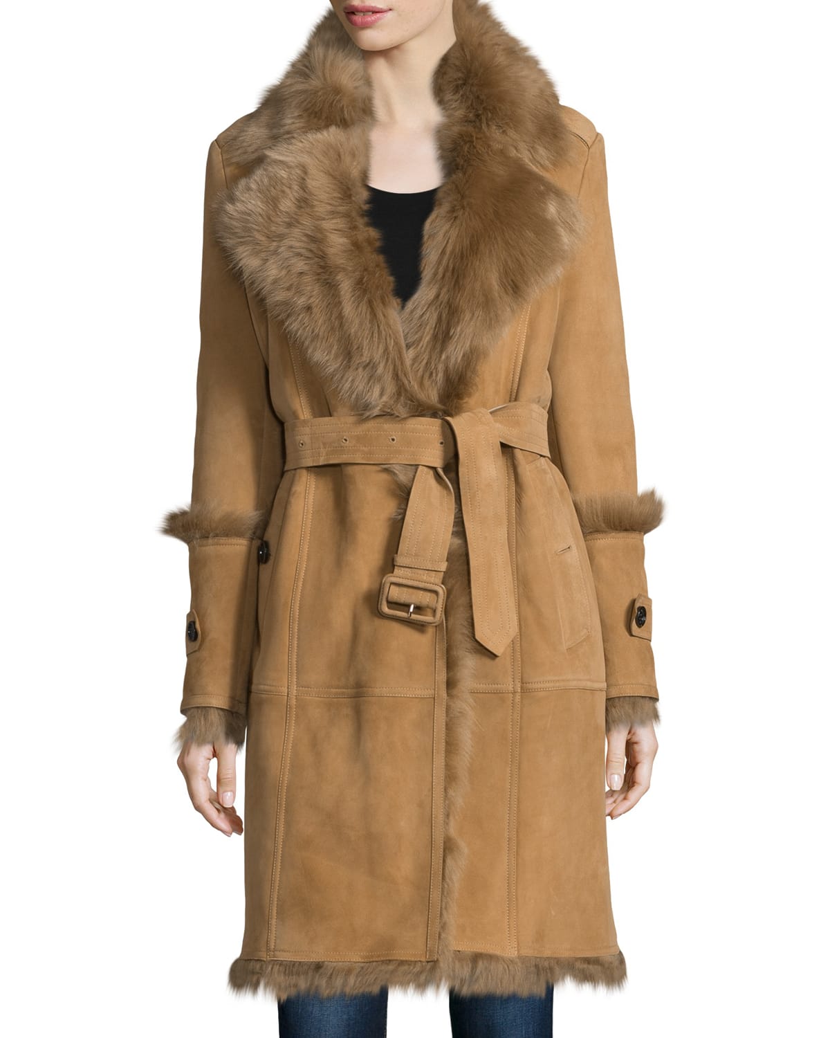 Burberry Prorsum Northcote Belted Shearling Fur Coat, Camel