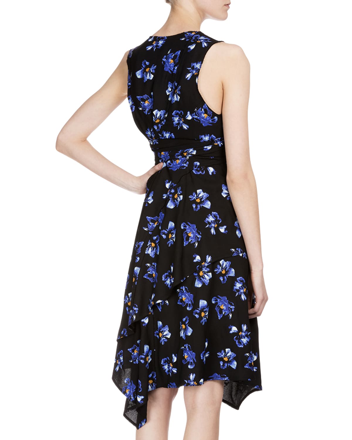 Floral Print Handkerchief Hem Wrap Dress Black Cobalt Flower