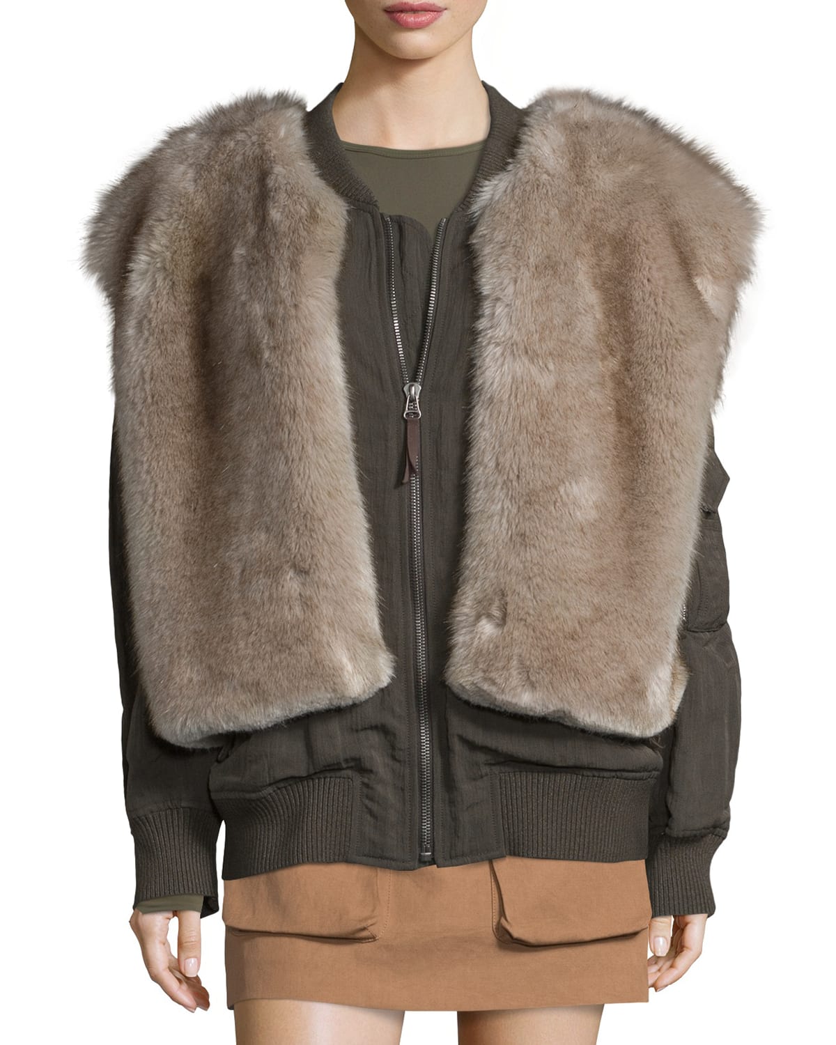 Helmut Lang Lightweight Bomber Jacket w Faux Fur Trim Olive