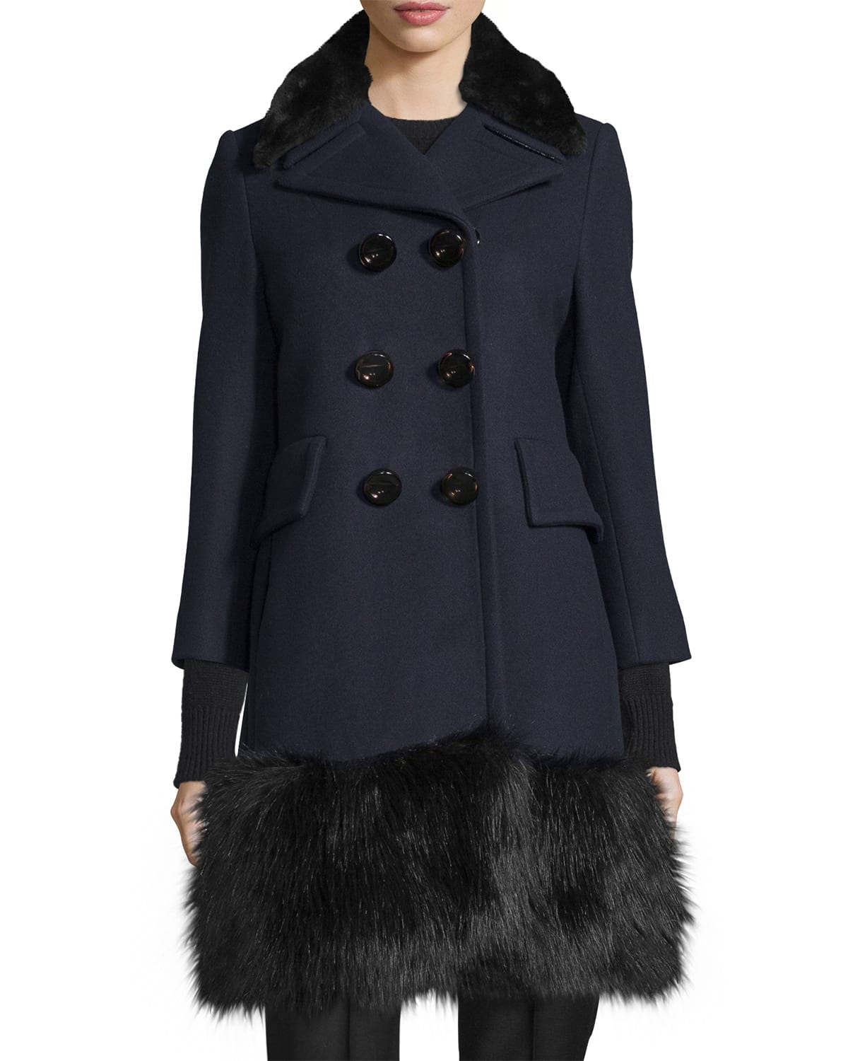 Pea Coat w Faux Fur Trim Navy