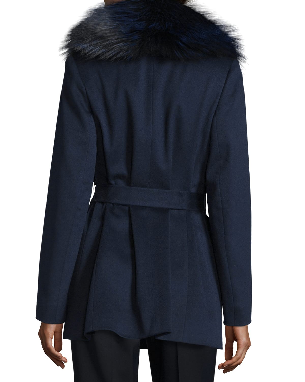 Short Wool Wrap Coat w Fox Fur Midnight