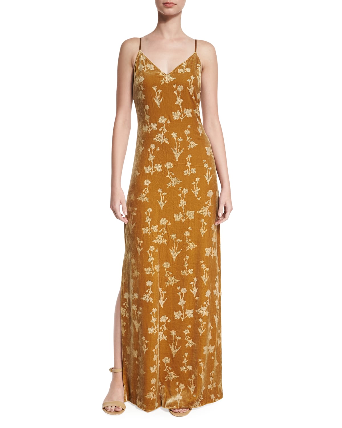 Valerie Floral Velour Maxi Dress Brass Glitter