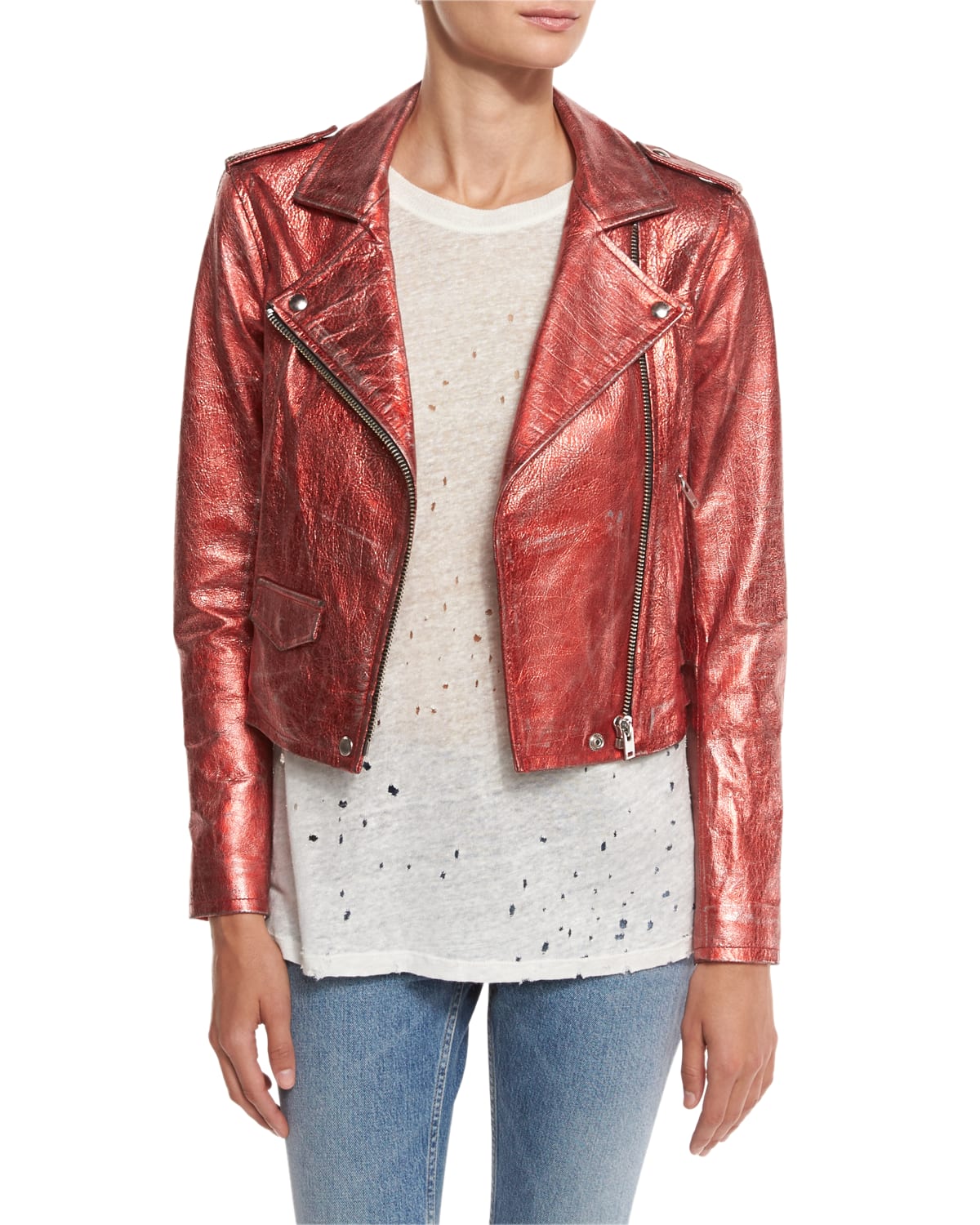 Iro Axelle Cropped Metallic Leather Jacket Red