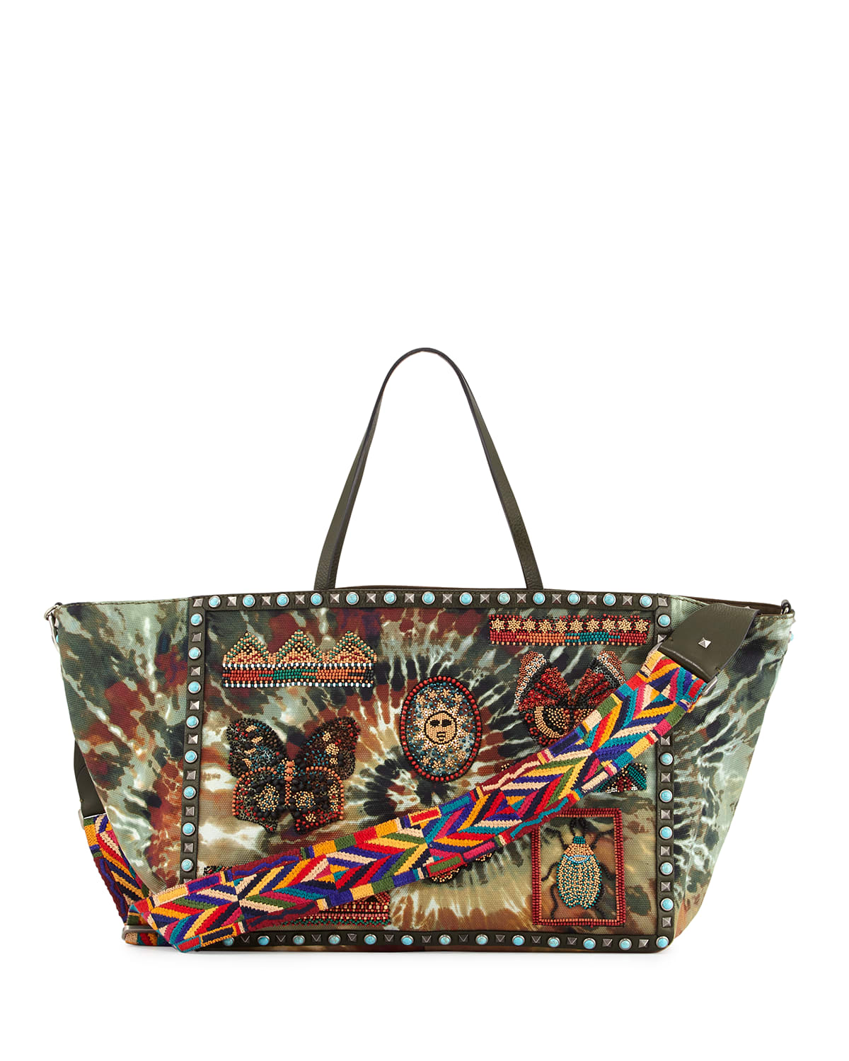 Rockstud Rolling Large Beaded Tie Dye Tote Bag Multi Deep Army