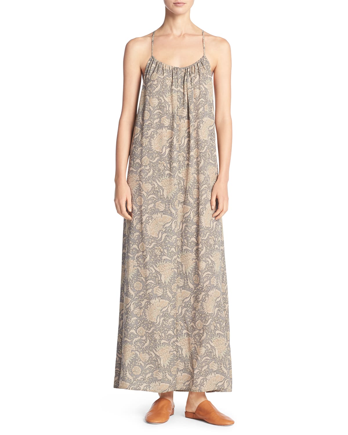 Vince Vintage Floral Shirred Silk Maxi Tank Dress, Natural