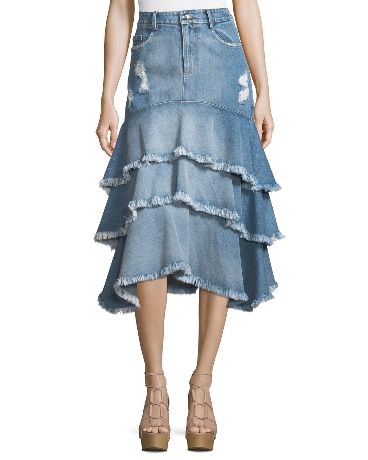 Distressed Ruffle Denim Midi Skirt