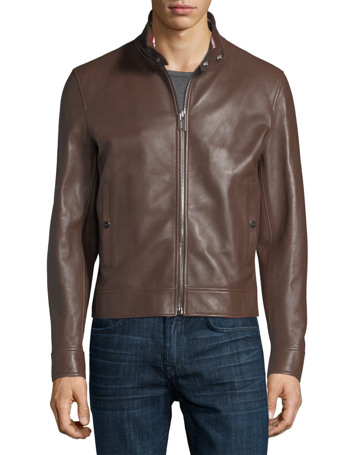 Bally Leather Cafe Racer Jacket, Brown