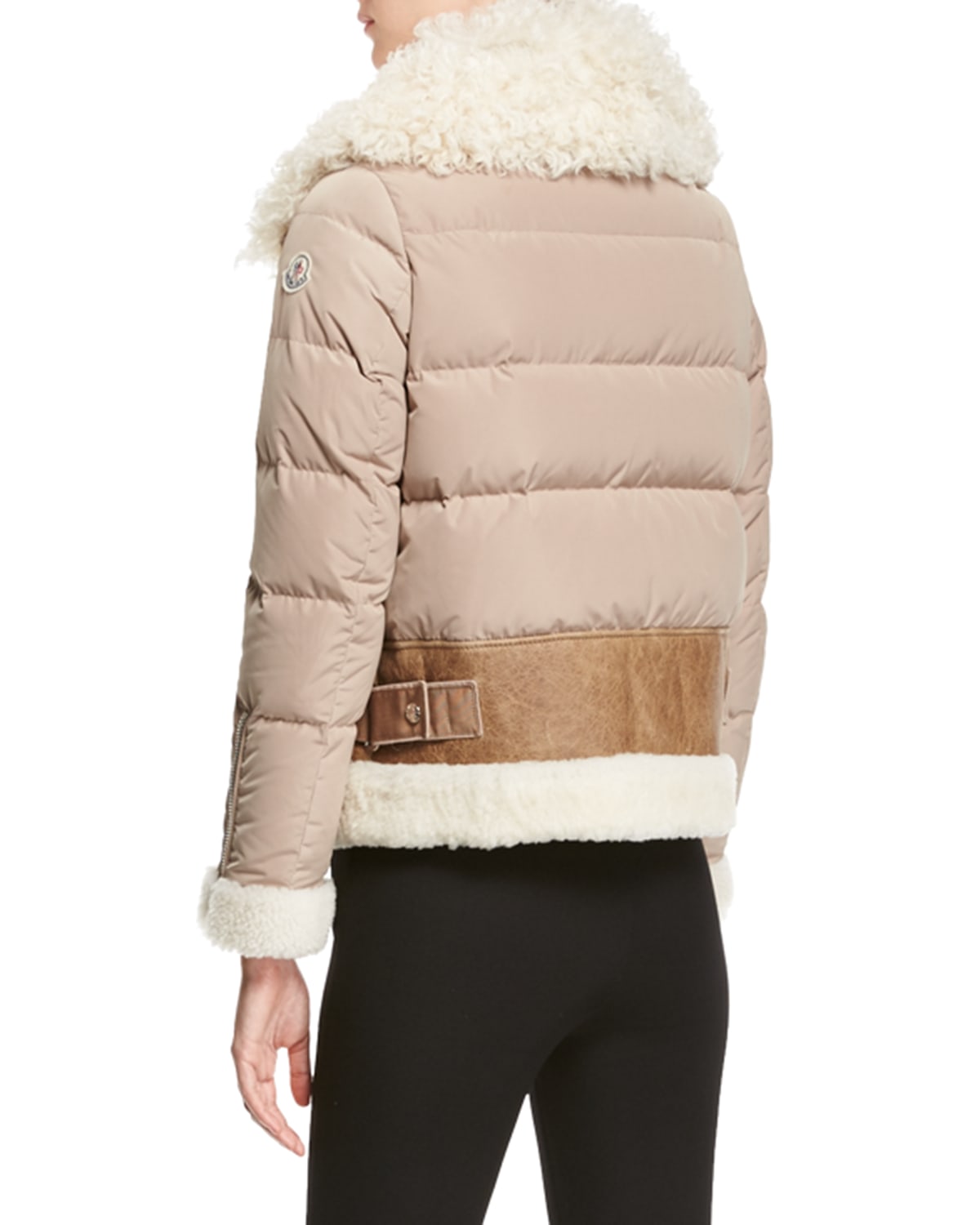 Moncler Kilia Mixed Media Shearling Puffer Coat Stone