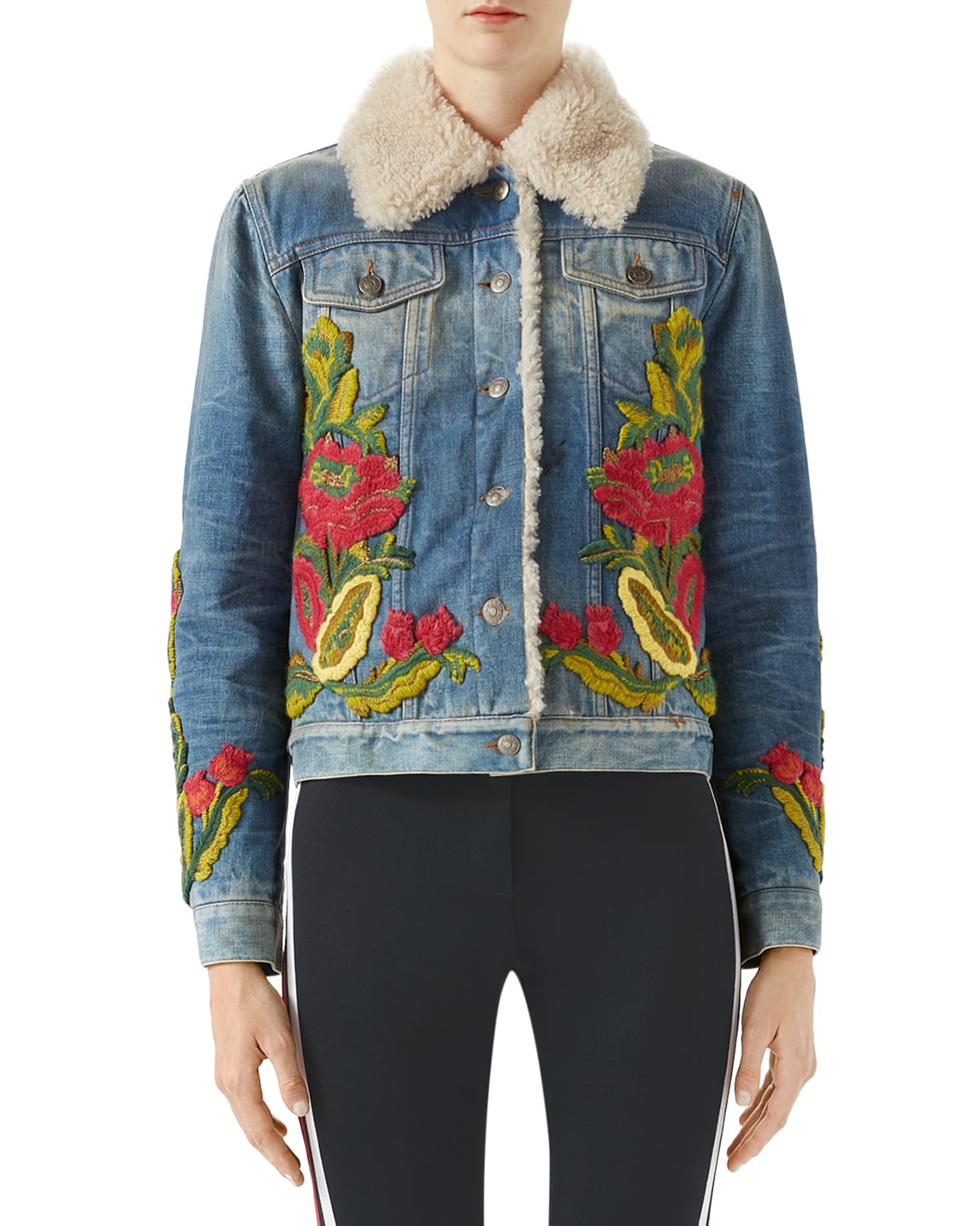 Floral Embroidered Denim Jacket w Shearling Fur