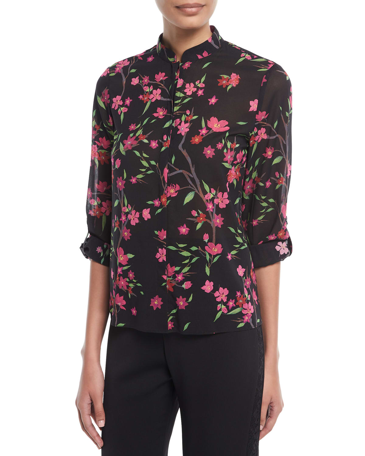 Alice + Olivia good Eloise Mandarin-Collar Button-Front Floral-Burnout Blouse