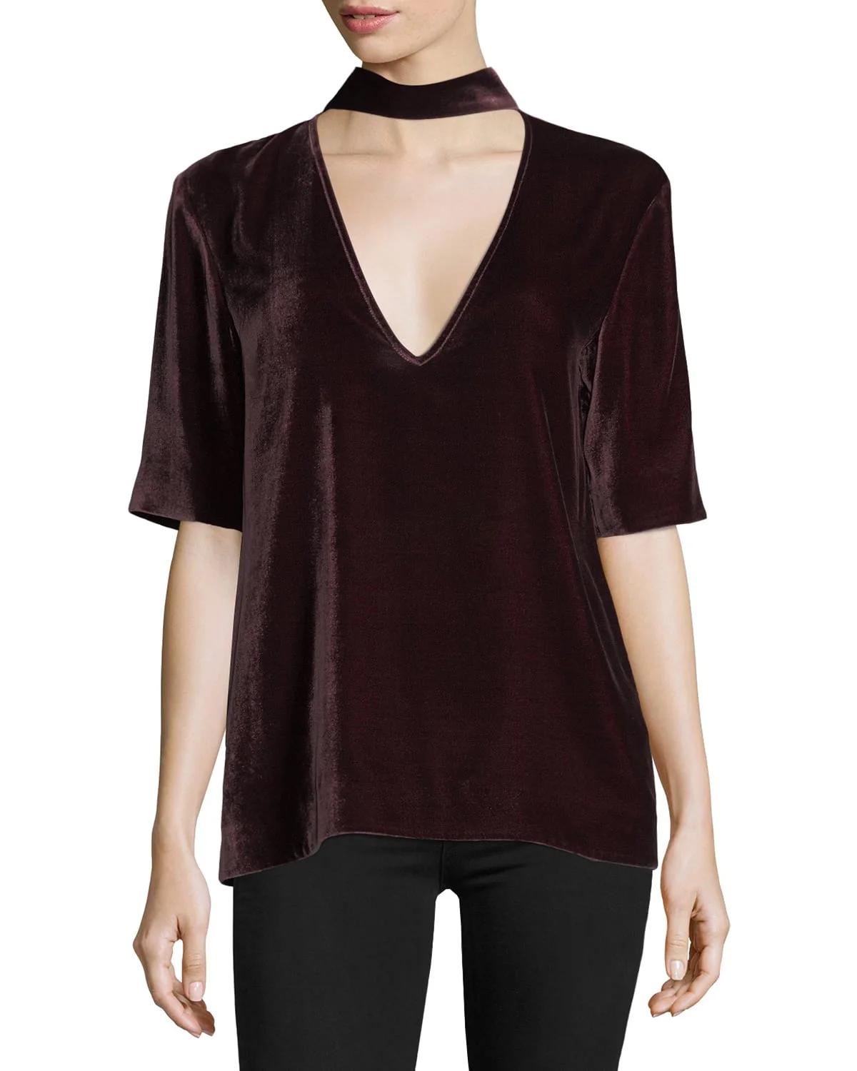 Theory Split-Collar V-Neck Velvet Top
