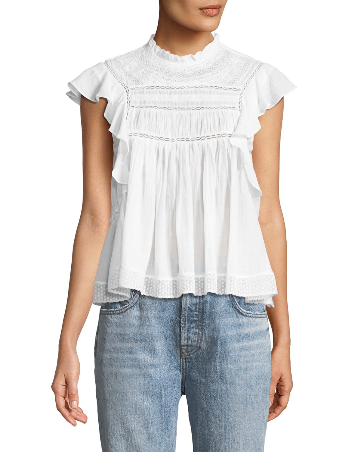 Vivia Sleeveless Cotton Blouse with Lace Trim