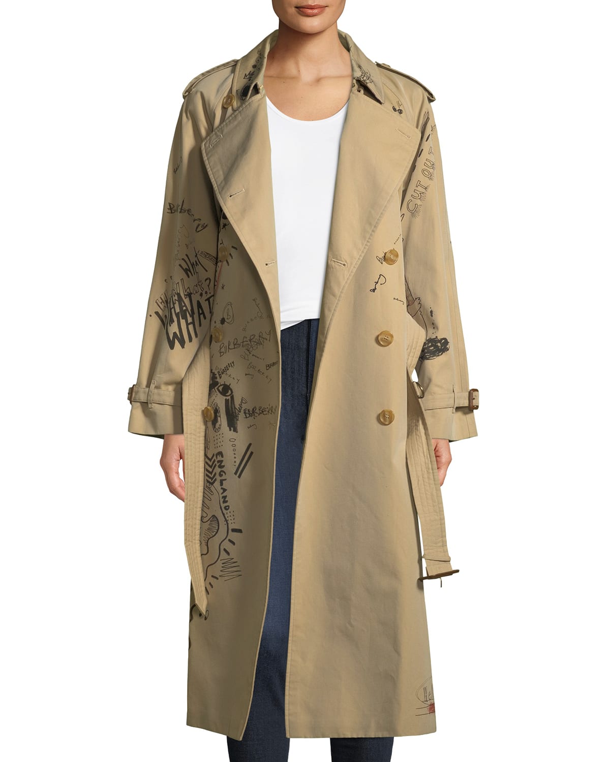 Doodle Print Cotton Trench Coat