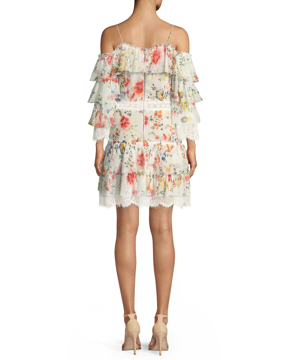 Santos Cold Shoulder Floral Print Tiered Silk Dress w Lace Trim