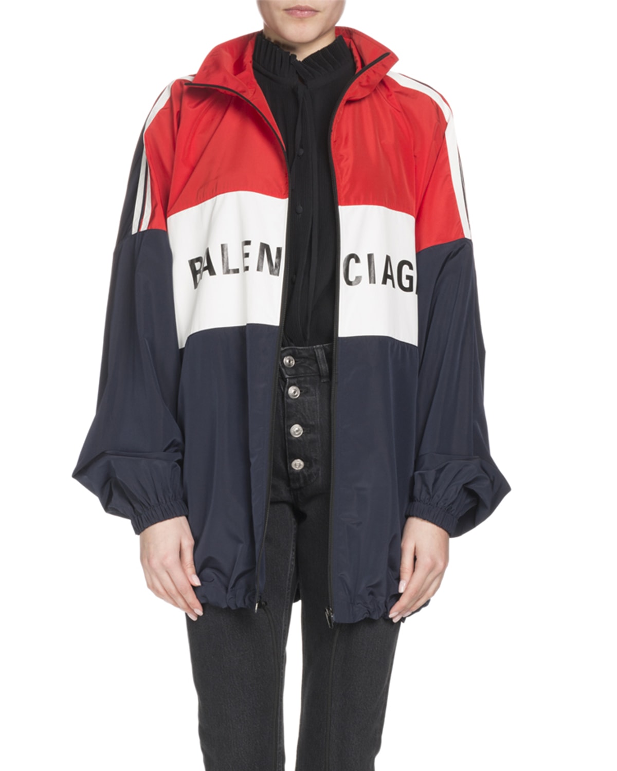 Balenciaga Zip Front Colorblocked Logo Nylon Jacket