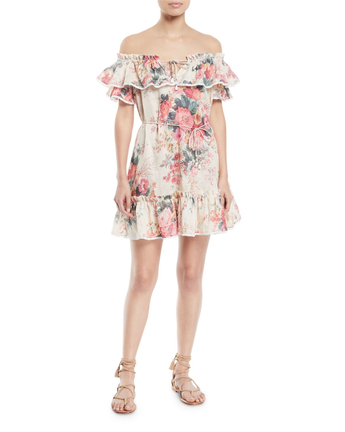 Zimmermann Laelia Off the Shoulder Floral Print Frill Tier Mini Dress